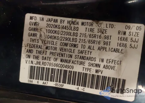 2006 Honda Cr-V Lx из США, поврежденный, VIN JHLRD78586C004909